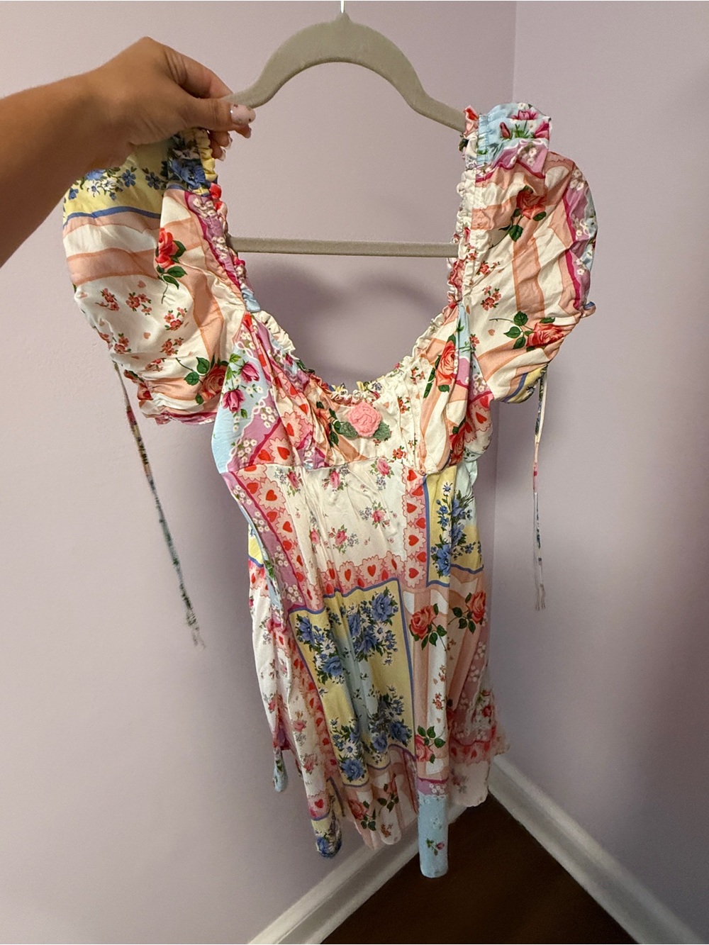 For Love & Lemons Pastel Multi Floral Patchwork Puff-Sleeve dress